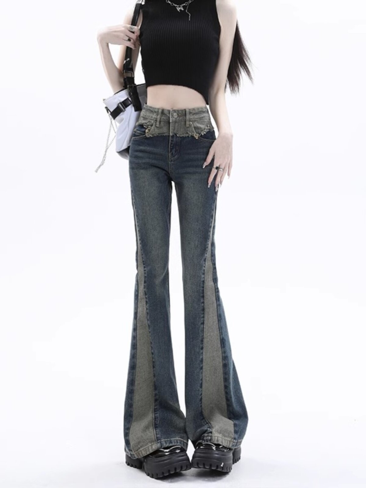 高腰拼接微喇牛仔裤女秋季2025年新款美式覆古拖地马蹄长裤设计感