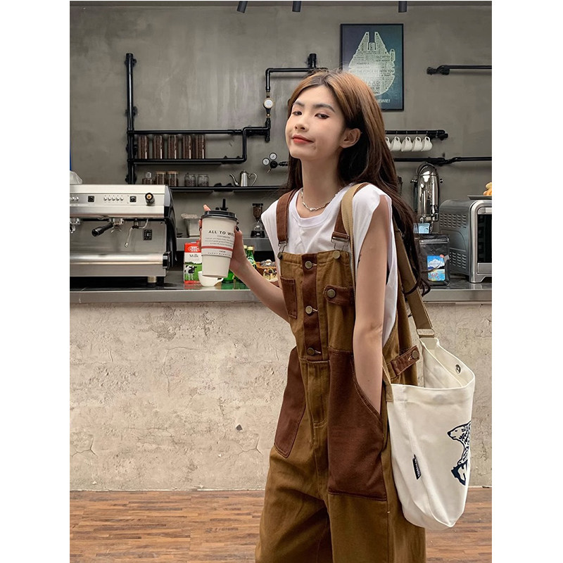 宽松美式复古背带裤女秋季2026年新款小个子显瘦阔腿牛仔连体长裤