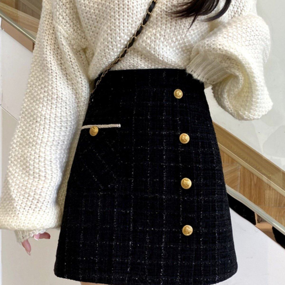 不规则粗花呢包臀短裙女秋冬2025新款大码松紧腰毛呢半身裙女显瘦