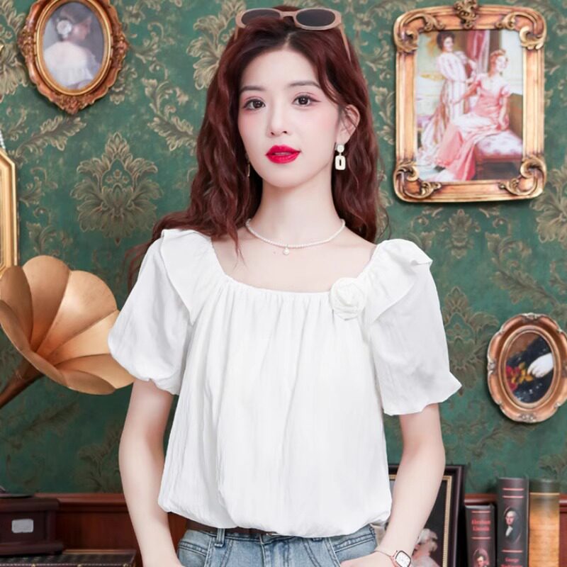 法式立体花朵短袖雪纺衬衫女夏季2025新款设计感宽松甜美短款上衣