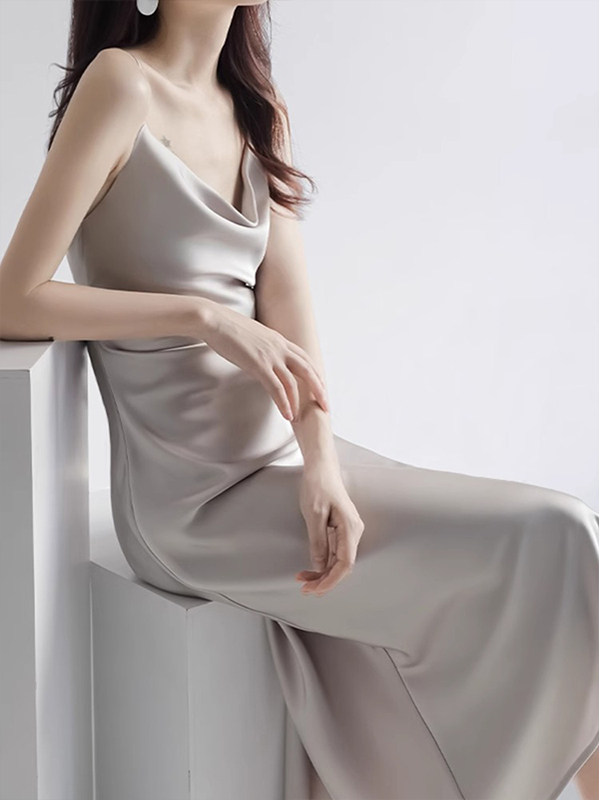 高端醋酸缎吊带女装2025年夏季新的优雅女士鱼尾裙，以苗条的腰部