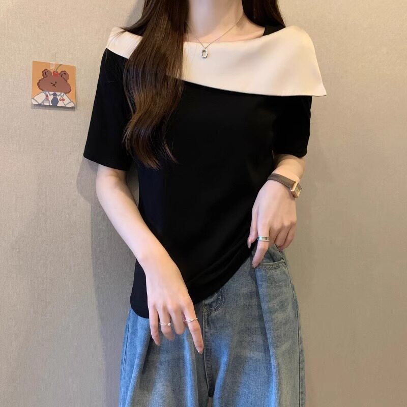 高级感一字肩短袖T恤女夏季2024新款法式轻奢拼接上衣设计感小众