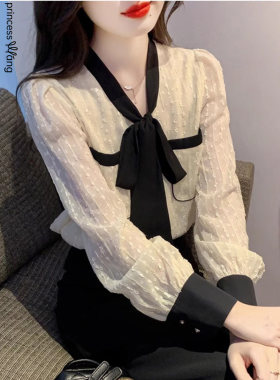 花呢风格蝴蝶结雪纺衬衫女子秋季2025新设计长袖美丽的时尚上衣的
