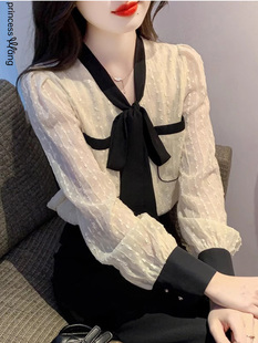 花呢风格蝴蝶结雪纺衬衫女子秋季2025新设计长袖美丽的时尚上衣的