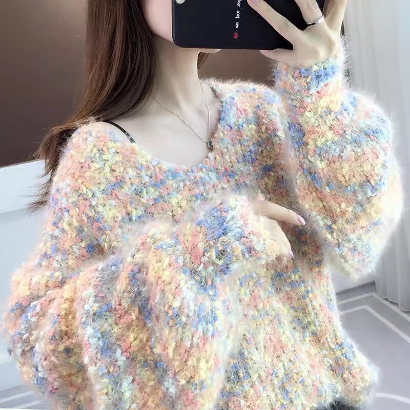 V领加厚粗线毛衣女秋冬2025新款外穿短款宽松休闲慵懒风减龄上衣