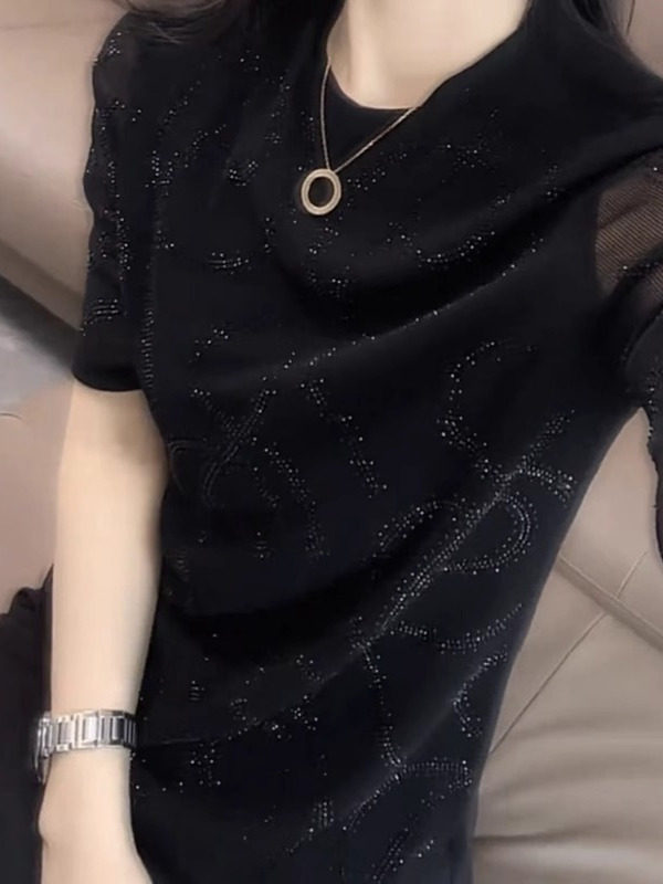 网纱镂空拼接短袖T恤女夏季2025新款洋气高级感上衣女气质设计感