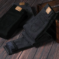 Черные цветные джинсы с начесом, демисезонные штаны, приталенный эластичный длинный карандаш, высокая талия