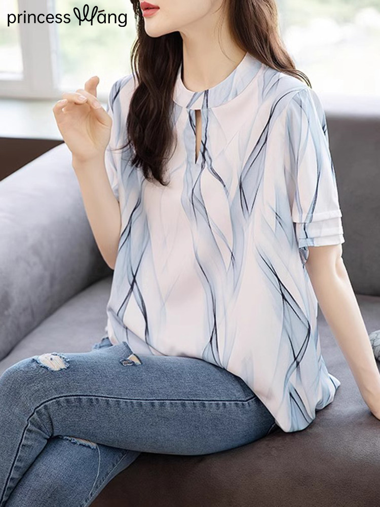 大码遮肚雪纺衫女夏季2025新款洋气减龄中长款短袖T恤女显瘦宽松