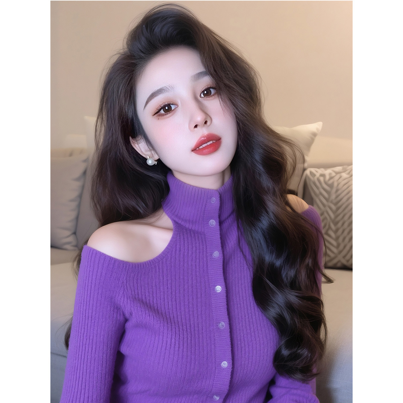高领巨好看紫色针织打底衫女秋冬内搭2025新款设计感别致露肩上衣