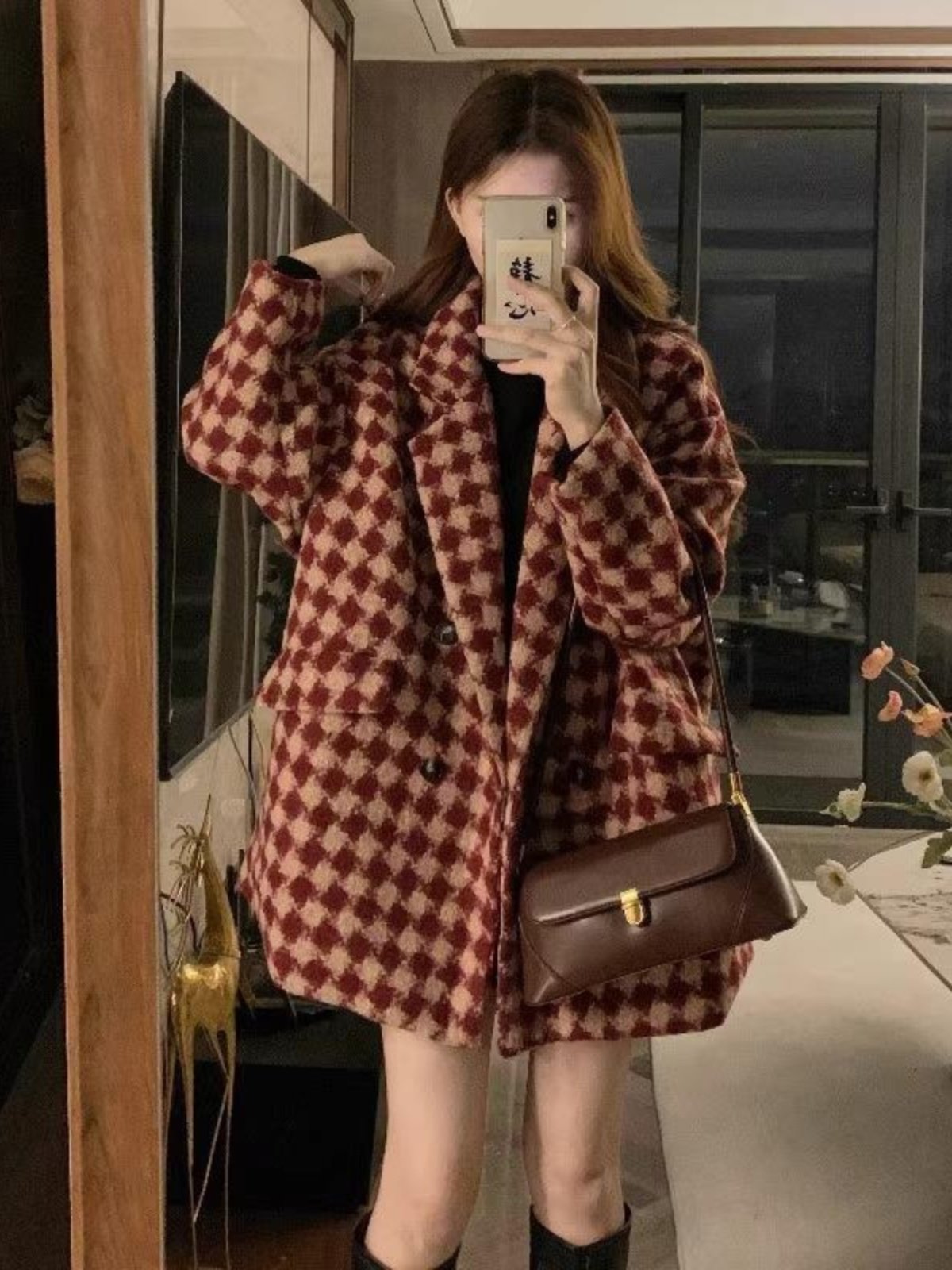 格纹大码棉毛女装秋冬2025新款高端宽松修身西装外套加厚