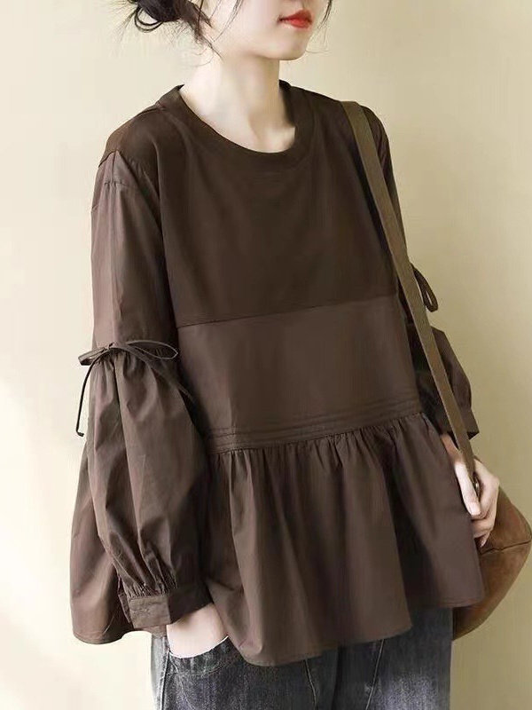 法式时尚长袖T恤女秋季设计感别致2025新款灯笼袖宽松显瘦娃娃衫