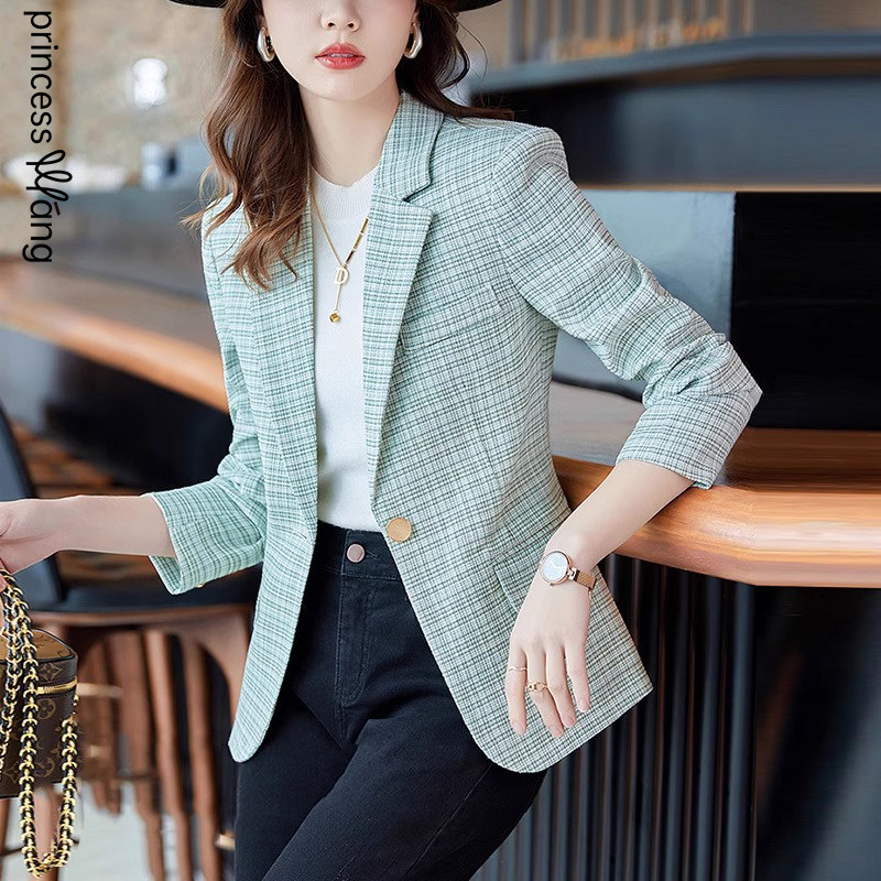 气质休闲格子西装外套女秋季2026新款时尚收腰显瘦西服上衣女通勤