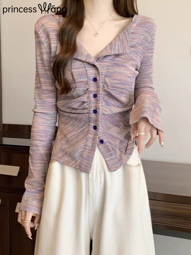 设计感正肩V领长袖T恤女秋季2025新款收腰显瘦短款大码修身上衣女
