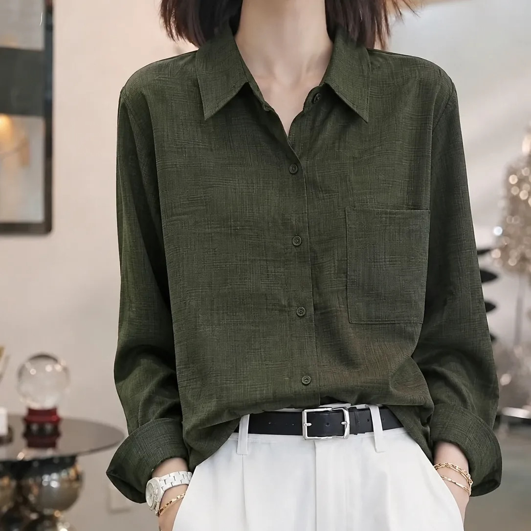 大码翻领简约长袖衬衫女秋季2026新款设计感小众复古港味时尚上衣