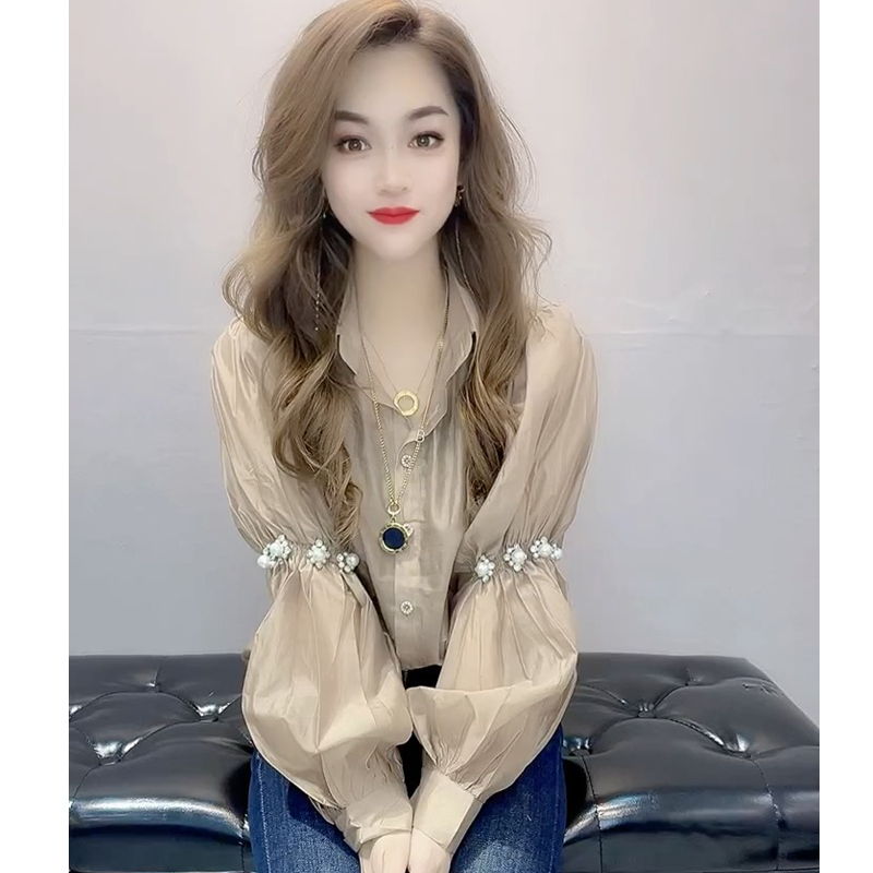 高级感重工钉珠长袖衬衫女设计感小众2024新款春季洋气灯笼袖上衣