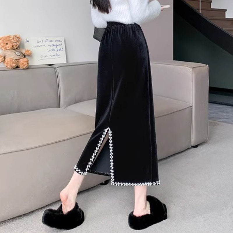 金丝绒后开叉半身裙女秋冬2025新款高腰垂感中长款钉珠直筒包臀裙