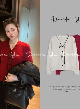 【V领蝴蝶结开衫】安迪绒长袖打底衫显瘦针织衫开衫88609