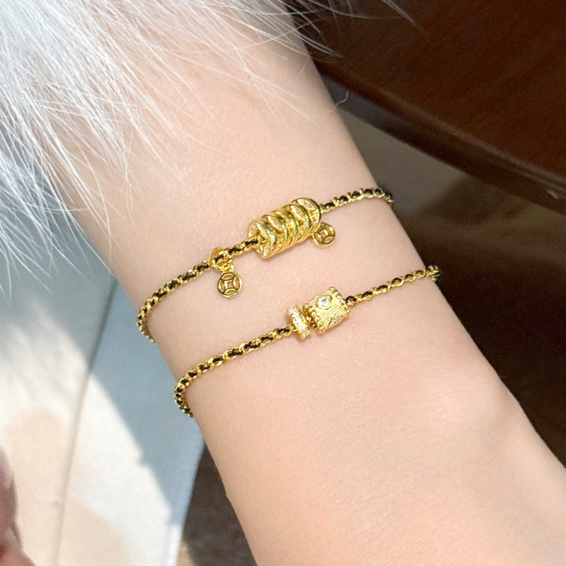 S925纯银手链复古小蛮腰五钱币编绳手链女轻奢小众金色手绳手饰