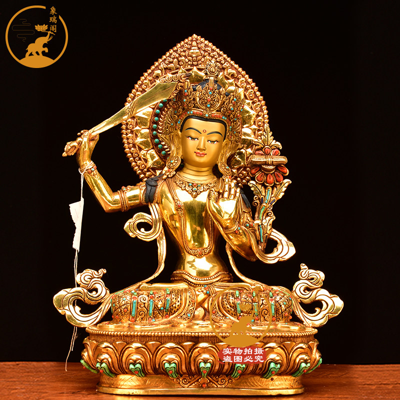 释迦族工艺全铜鎏金手工铜像文殊菩萨密宗桌面摆件进口佛像39厘米