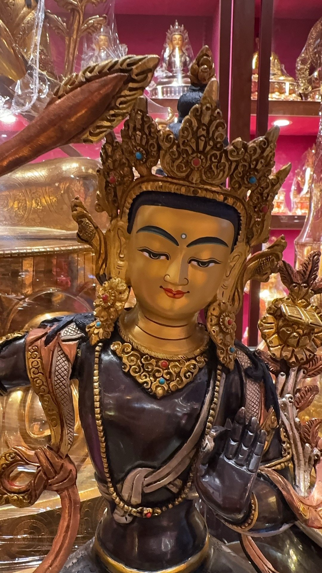 尼泊尔手工艺紫铜鎏银文殊菩萨铜像