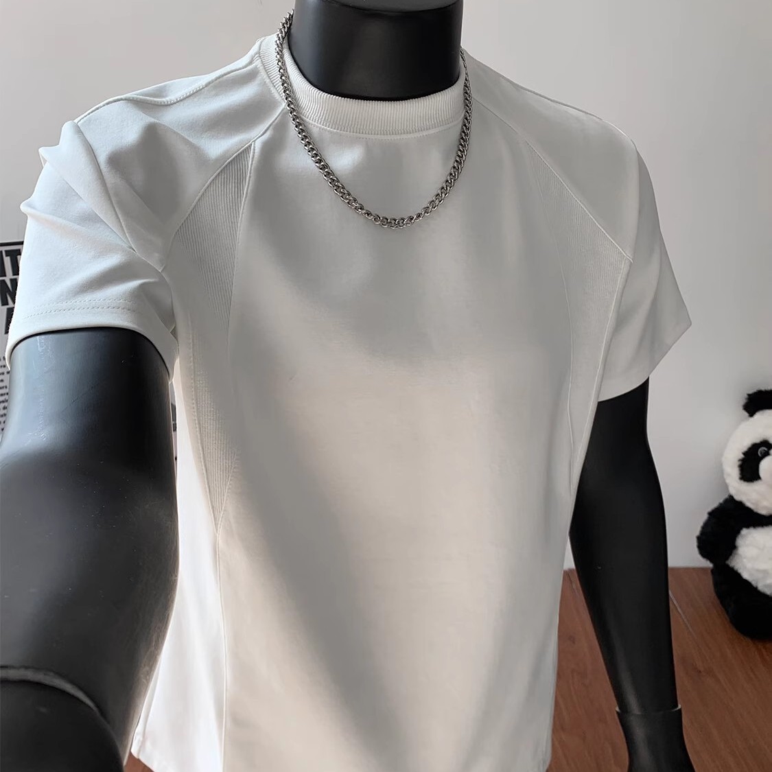 STA GTAL 正肩短袖T恤男美式复古潮牌落肩袖小领螺纹拼接百搭上衣