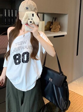 凡他姨【方寸月光】夏季慵懒显瘦宽松大领口T恤斜肩短袖上衣女ins