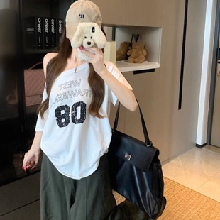 凡他姨【方寸月光】夏季慵懒显瘦宽松大领口T恤斜肩短袖上衣女ins