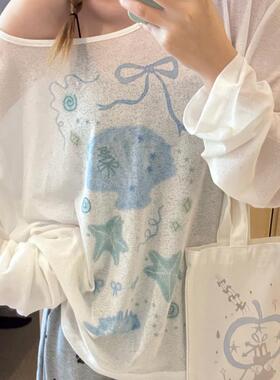 凡他姨【人鱼旋律】直喷数码印花罩衫宽松圆领长袖T斜肩上衣慵懒