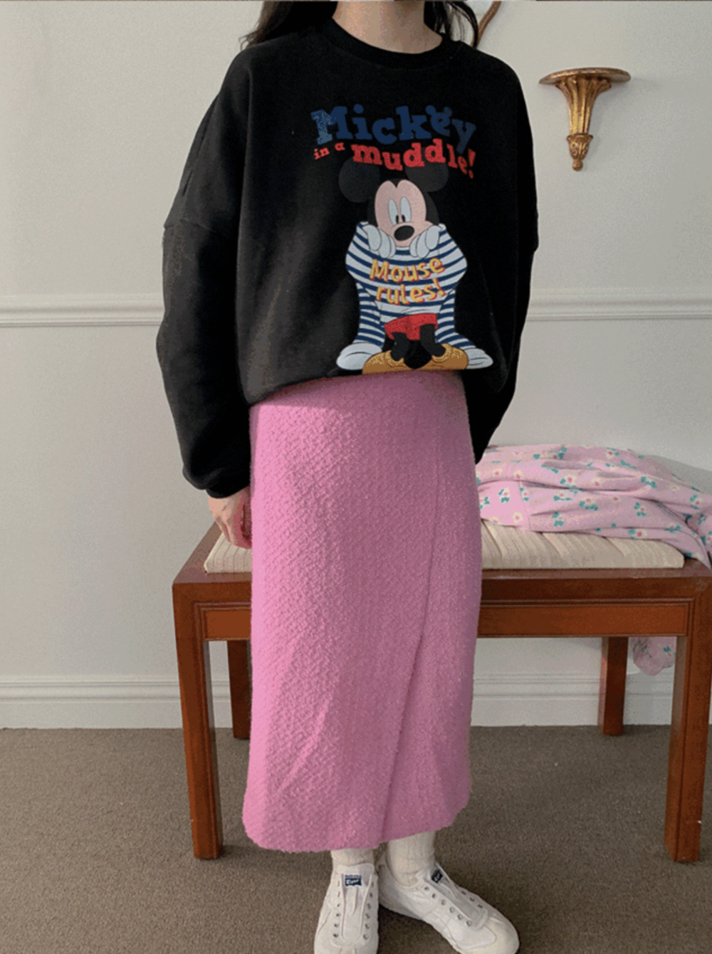 凡他姨【米奇的海军梦】可爱复古印花圆领卫衣加绒长袖套头上衣女