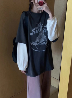 凡他姨【铁塔旧梦】夏季显瘦炭灰色印花T恤宽松纯棉圆领短袖慵懒