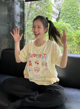 凡他姨【半熟乳酪】超可爱数码印花T恤奶黄色短袖鹅黄半袖上衣女