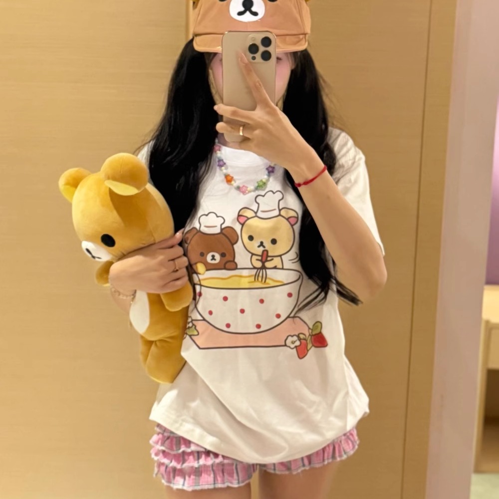 凡他姨【一起做甜品吧】可爱轻松熊印花T恤宽松纯棉圆领短袖情侣