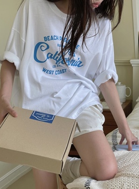 凡他姨【绵绵白茶】夏季清新蓝白配色T恤纯棉圆领短袖印花上衣女