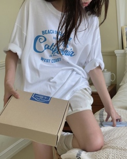 凡他姨【绵绵白茶】夏季清新蓝白配色T恤纯棉圆领短袖印花上衣女