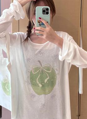 凡他姨【青苹果之恋】微透薄款圆领罩衫宽松慵懒显瘦上衣斜肩T恤