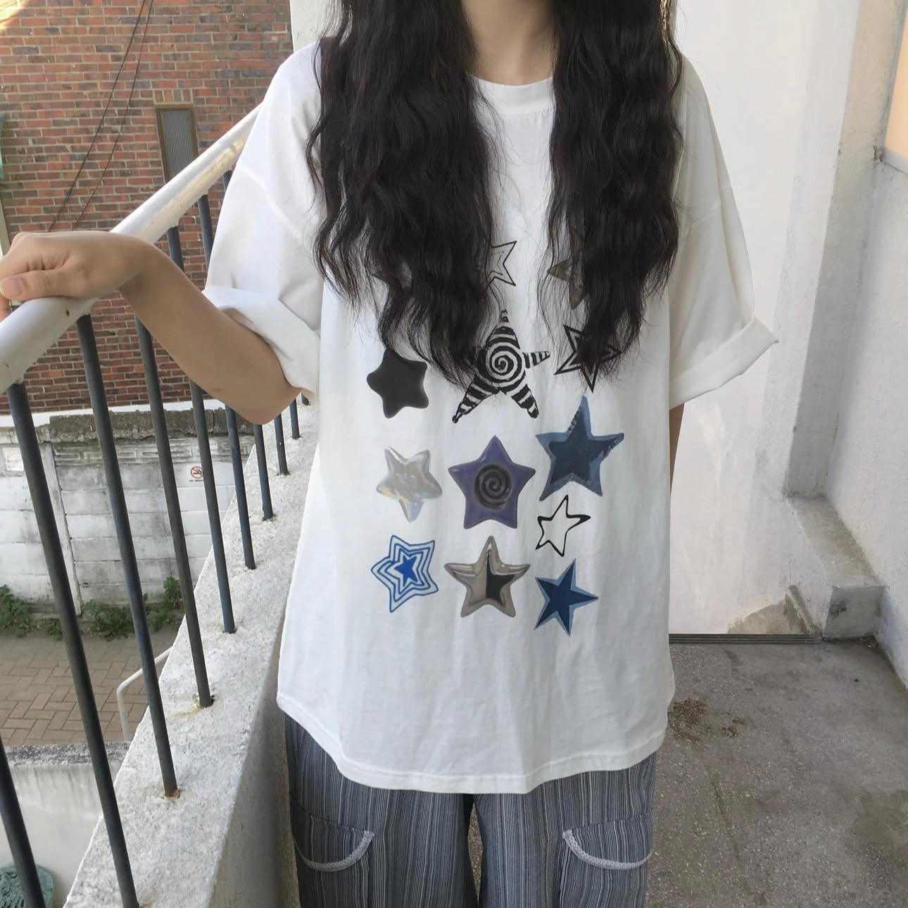 凡他姨【星河滚烫】休闲百搭星星印花T恤宽松纯棉短袖情侣装韩版