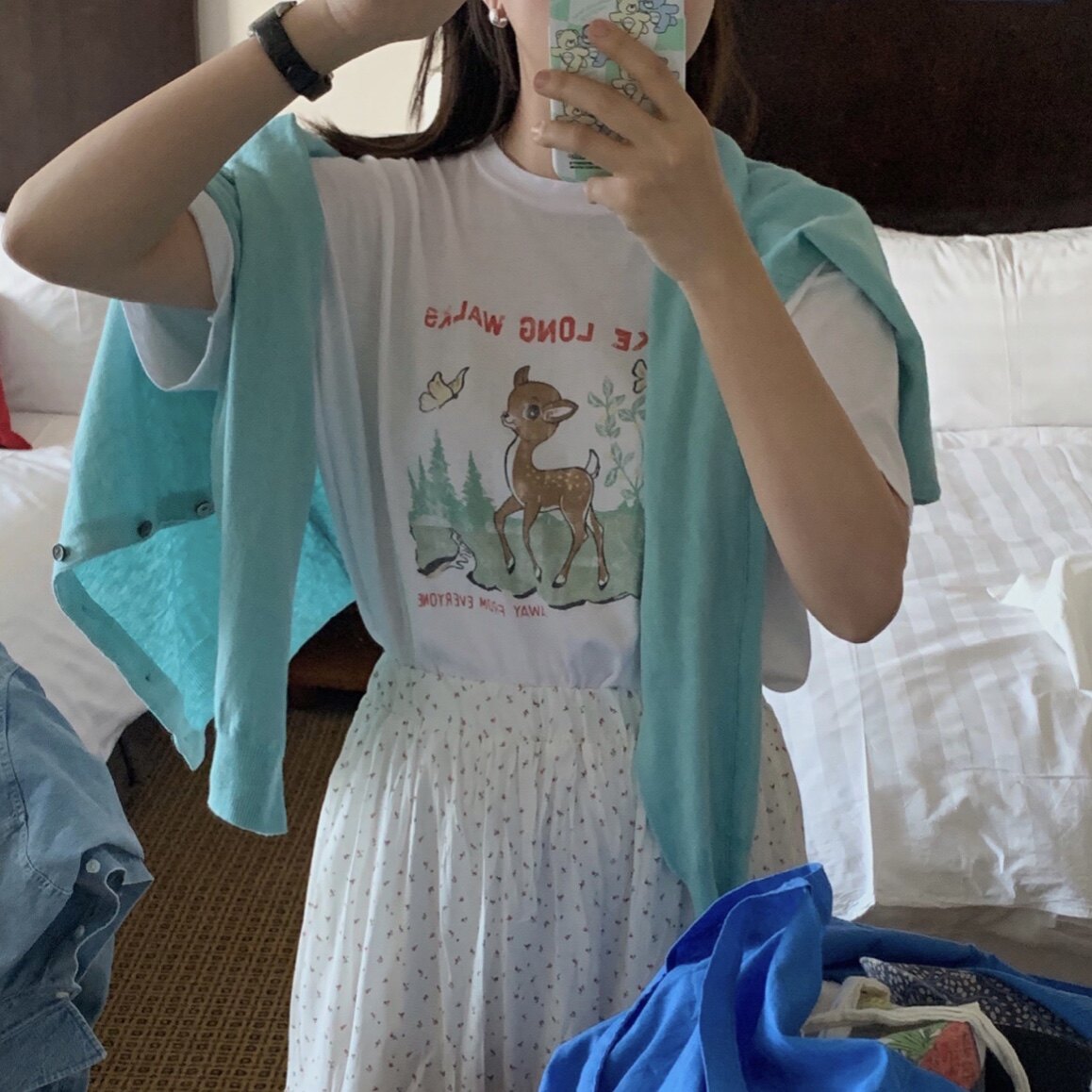 凡他姨【清纯钓系】森林小鹿印花T恤小清新圆领短袖女纯棉夏新款