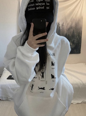 凡他姨【不听话cat】自制可爱九只猫咪印花连帽卫衣加绒上衣韩版