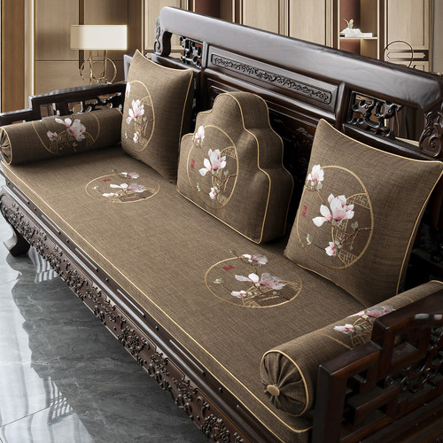 新中式刺绣沙发垫套罩客厅实木家具坐垫四季通用防滑罗汉床垫定制