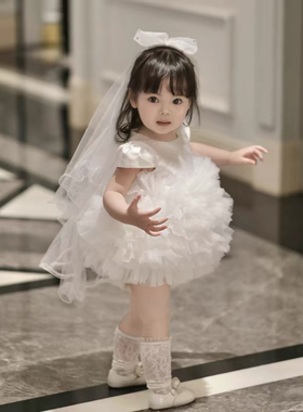 白色女童周岁生日抓周服小花童婚纱礼服女公主裙礼服蓬蓬裙短袖夏