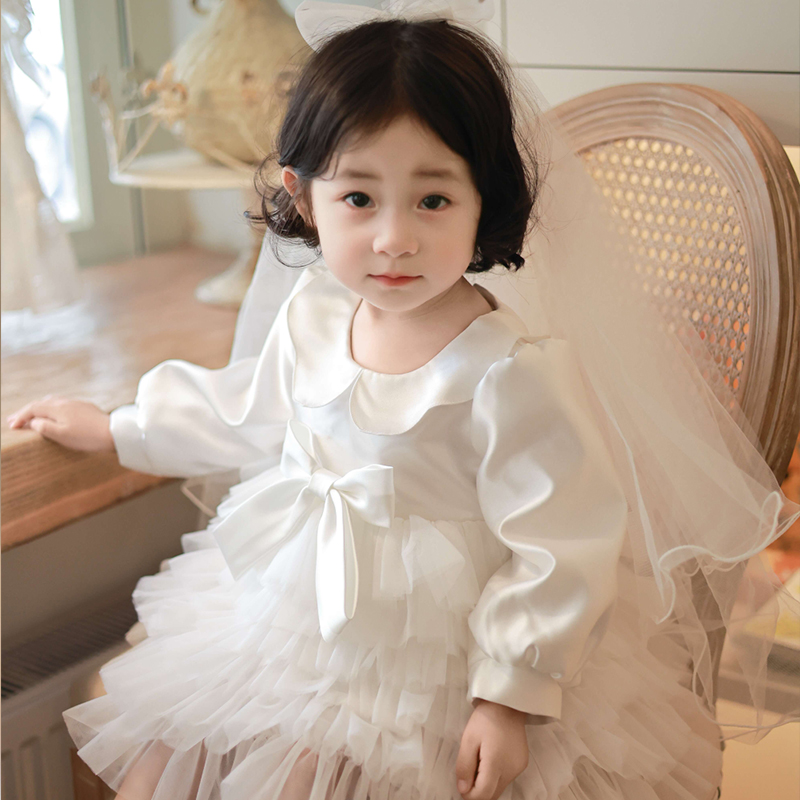 女宝宝周岁生日礼服花童白色