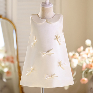 女童连衣裙秋季高级感宝宝生日周岁礼服儿童白色气质蝴蝶结公主裙