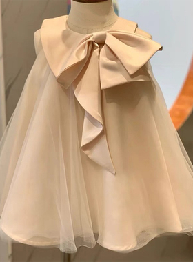 高端定制女童春季新款蝴蝶结连衣裙女宝宝周岁生日礼服裙子公主裙