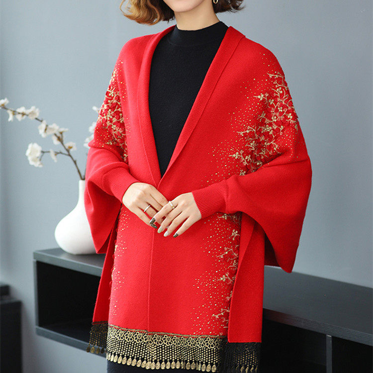 2024加厚妈妈披肩优雅女士针织披肩旗袍外套披肩喜婆婆婚宴开衫