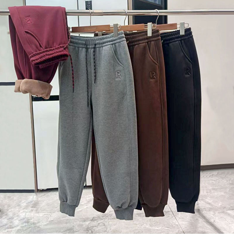 冬季新款加绒加厚纯棉卫裤女高腰束脚运动女裤刺绣百搭宽松休闲裤