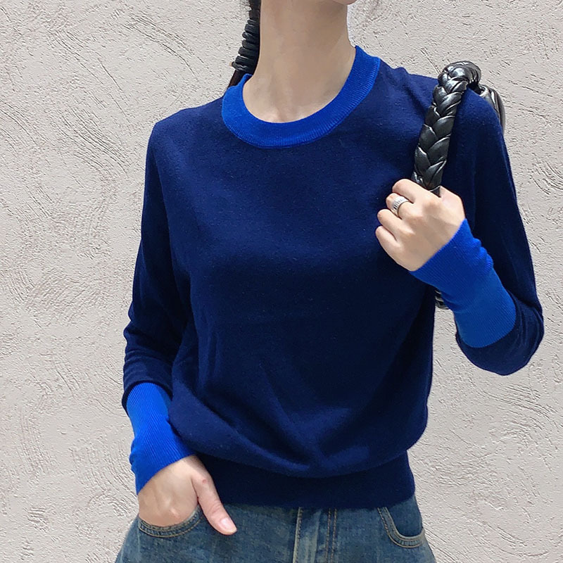 欧货长袖针织衫女2023秋季新款设计感内搭打底衫洋气撞色冰丝上衣