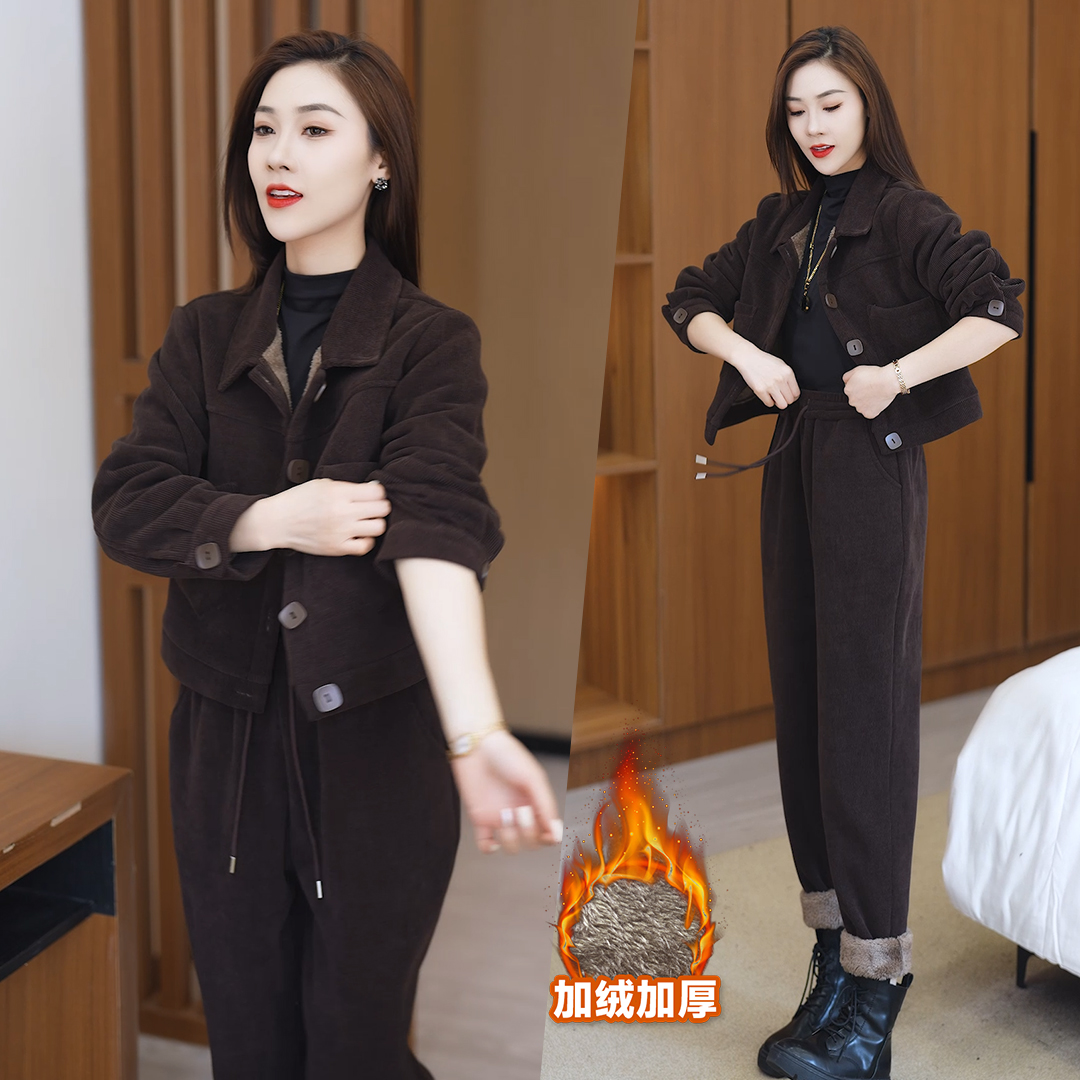 加绒加厚时尚套装女2025年秋冬季新款高级感宽松洋气小个子两件套