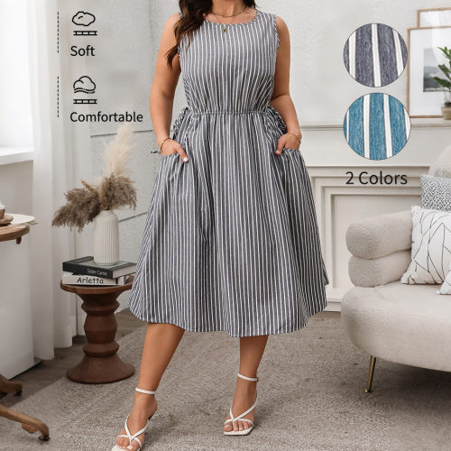striped summer plus size women dress XL-4XL 条纹无袖大码裙