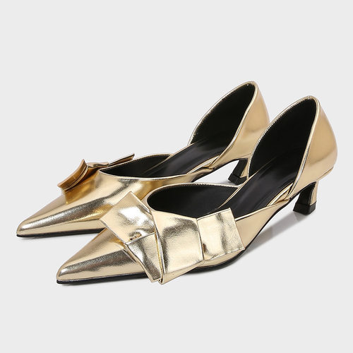 金色蝴蝶结饰高跟尖头中空单鞋 high-heeled pointed single shoe