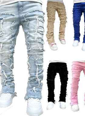 男士弹力贴布牛仔直筒裤﻿ Men denim straight leg pants